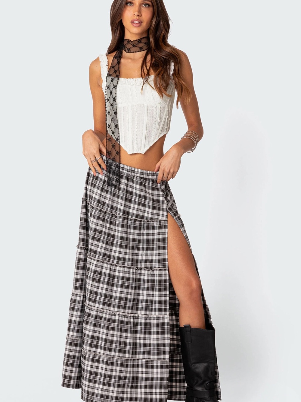 Edikted Black & White Plaid Maxi Skirt with High Side Slit
